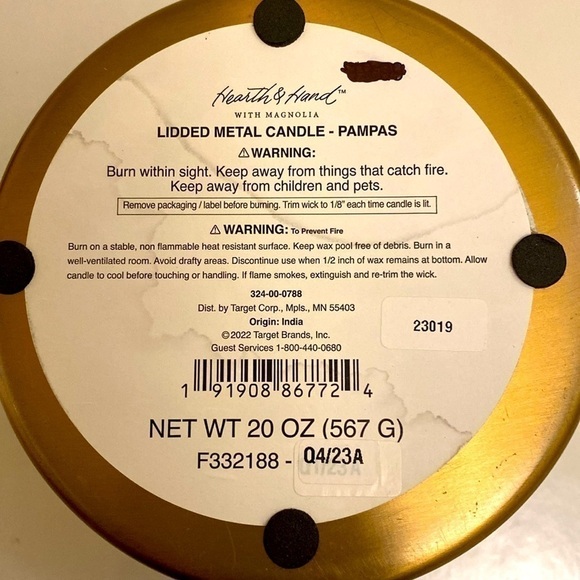 Hearth & Hand brass lidded 20 OZ. Pampas scented candle. 5”by3”. - Picture 4 of 8